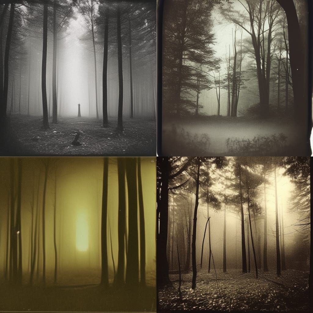 Eerie Haunted Forest Sunset in Beksinski Style