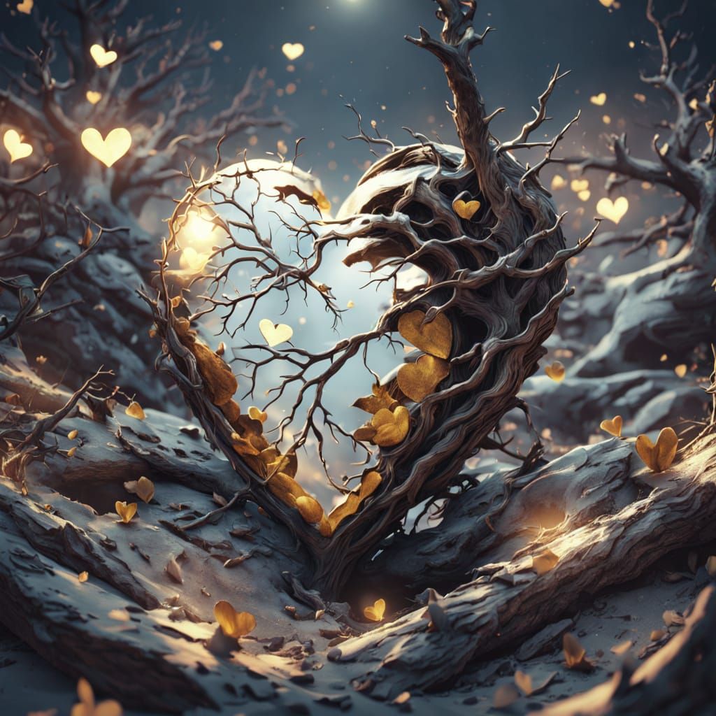 Dramatic Withered Heart on Barren Tree in Cinematic Style
