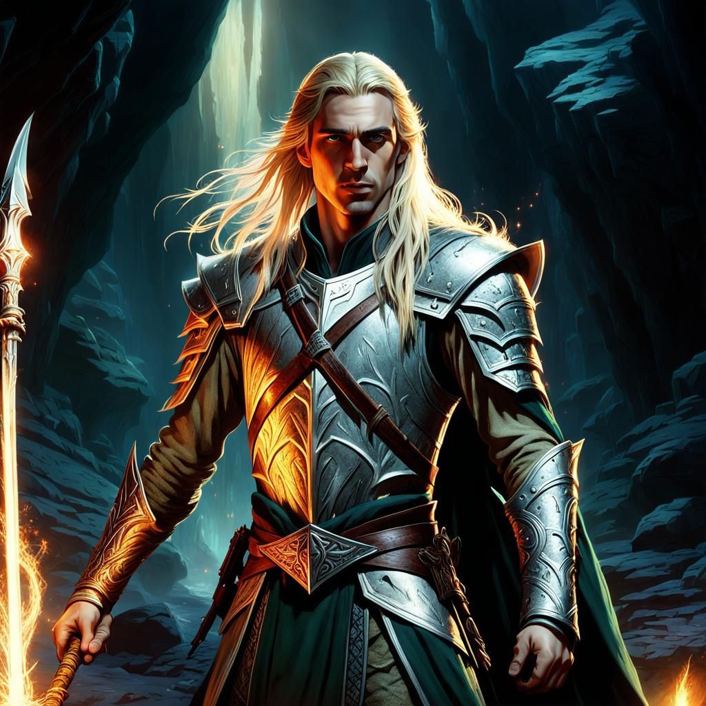 Handsome High-Elf in Torchlit Cavern
