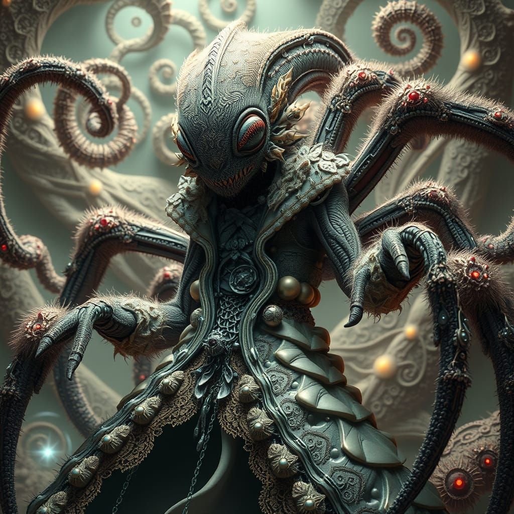 Furry Alien Tarantula God in Biomechanical Landscape