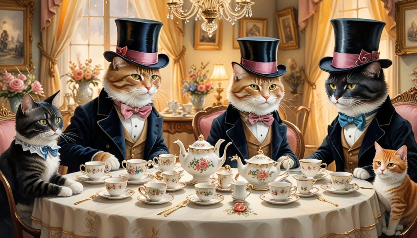 Victorian Cats Tea Party Watercolor Illustration