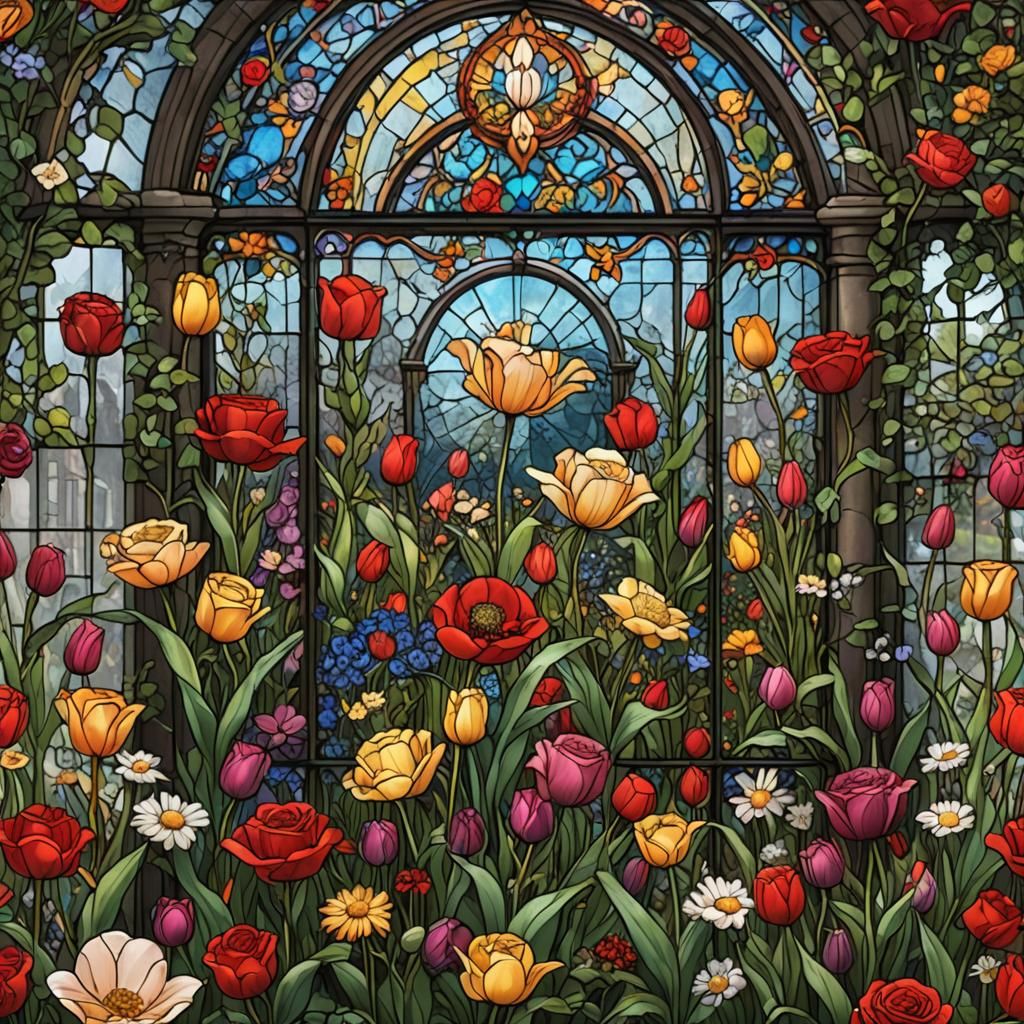 Stained Glass Flower Garden in Detailed Matte Painting