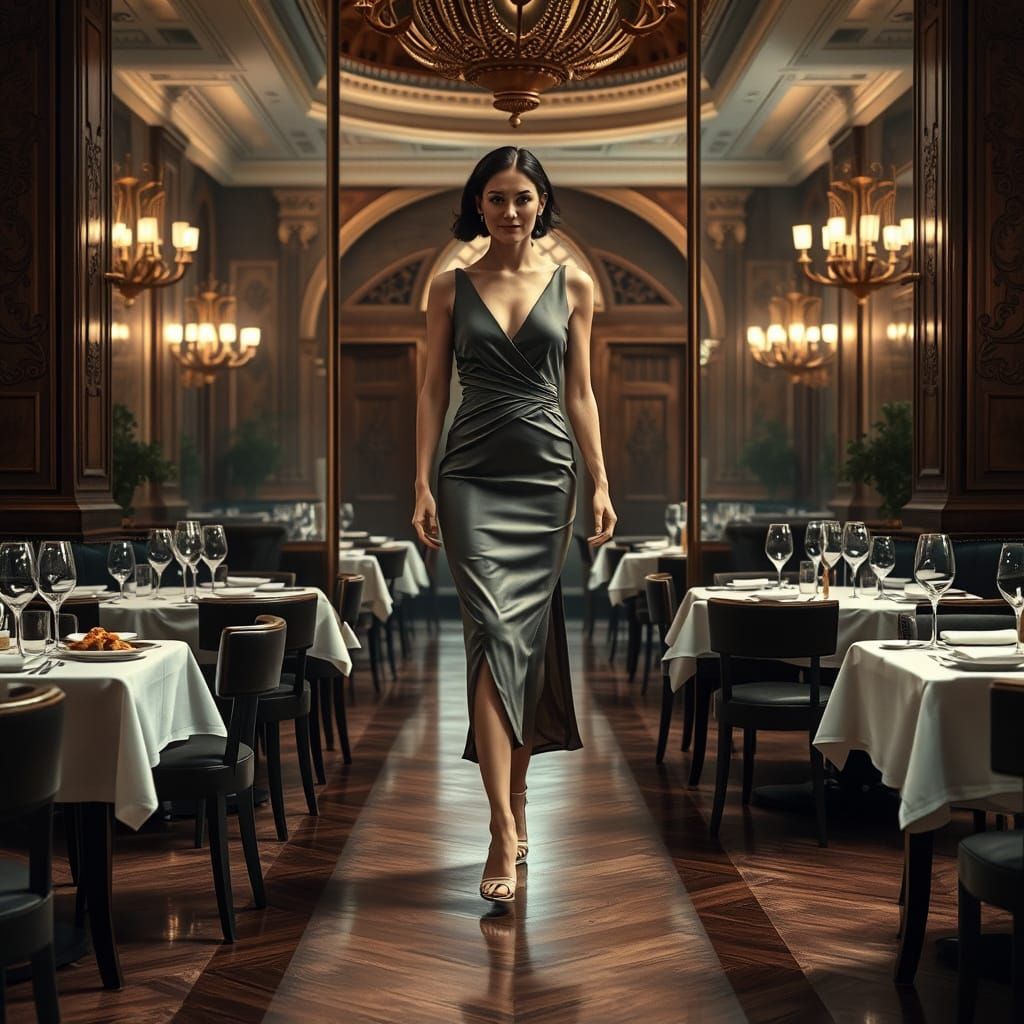 Confident Woman Enters Luxurious Restaurant in Vibrant Style