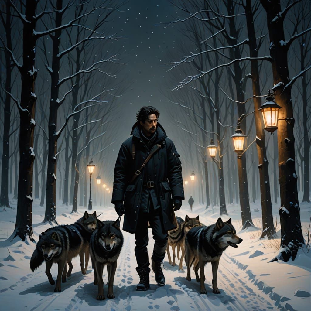 Dramatic Baroque Nocturne of Lone Figure with Wolves in Snow...