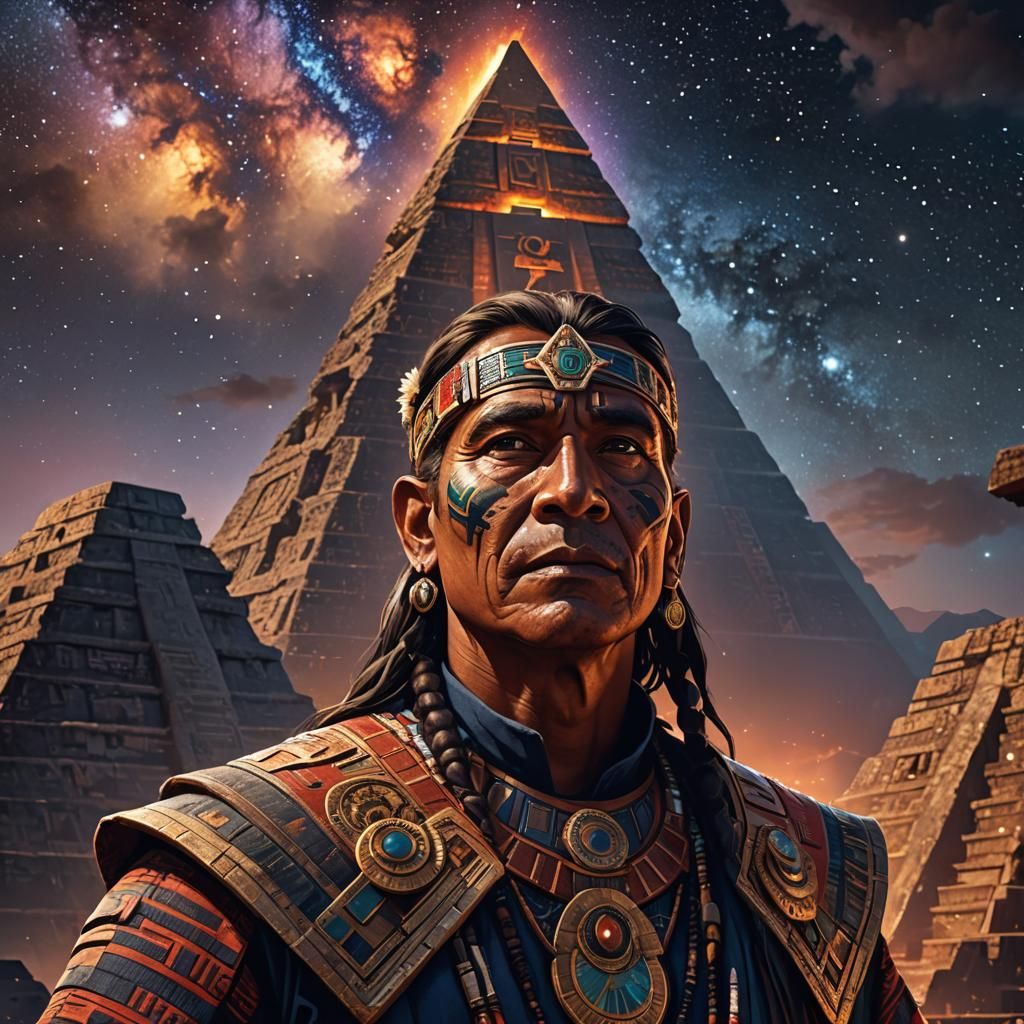 Aztec Priest Gazing at Starry Sky: Digital Portrait