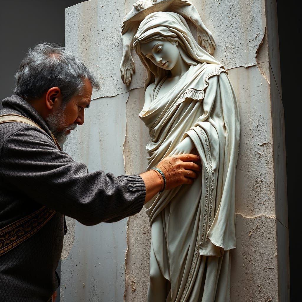 Sculptor Carving Marble Statue in Cubist Style