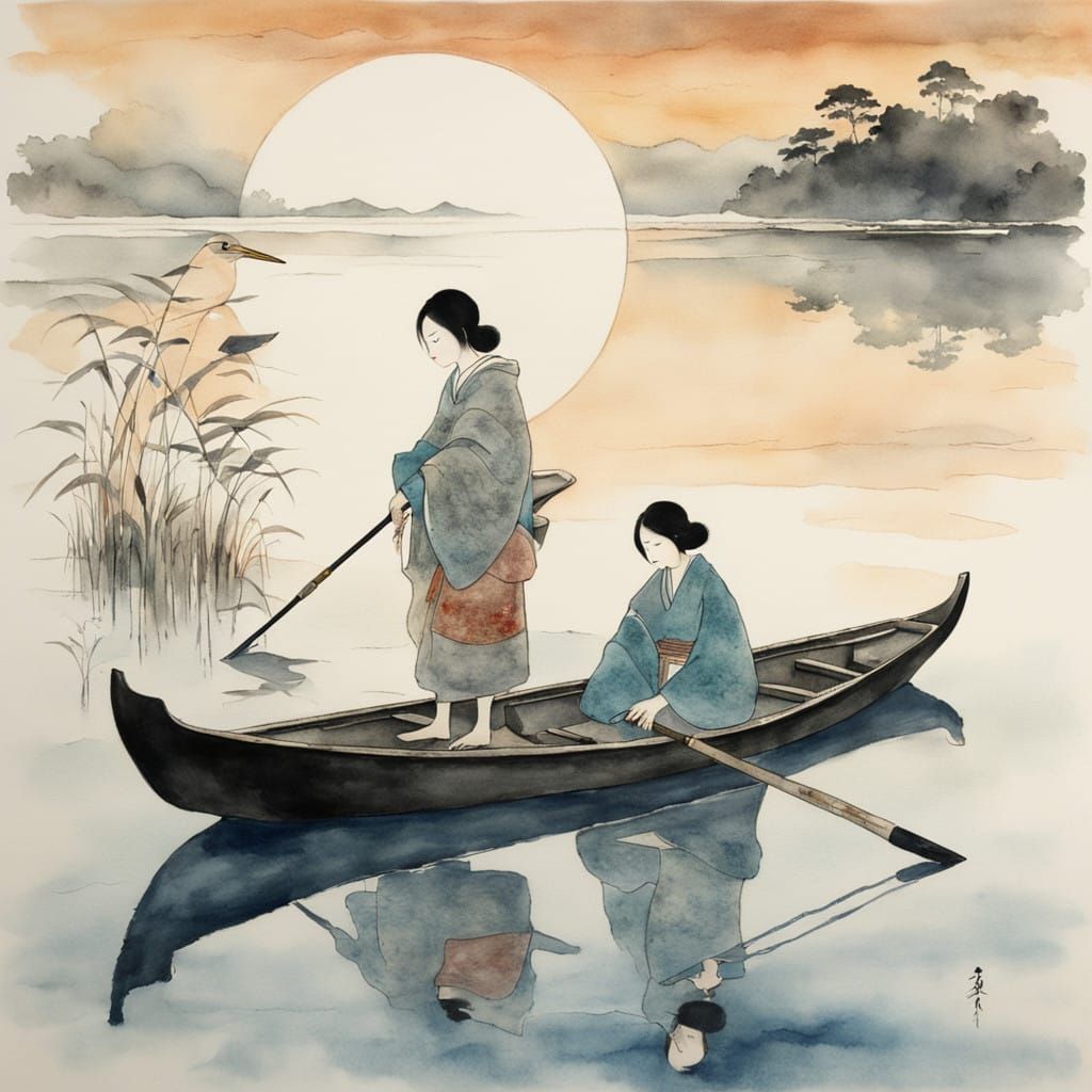 Serene Morning on Japan's Tranquil Lake in Minimalist Waterc...