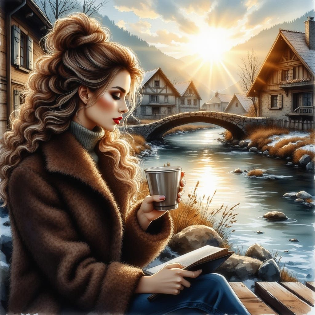 Woman Drinking Coffee in Snowy Landscape