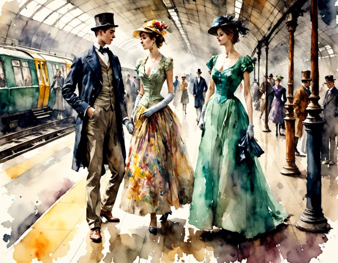 Couple on London Underground in Antique Watercolor Style