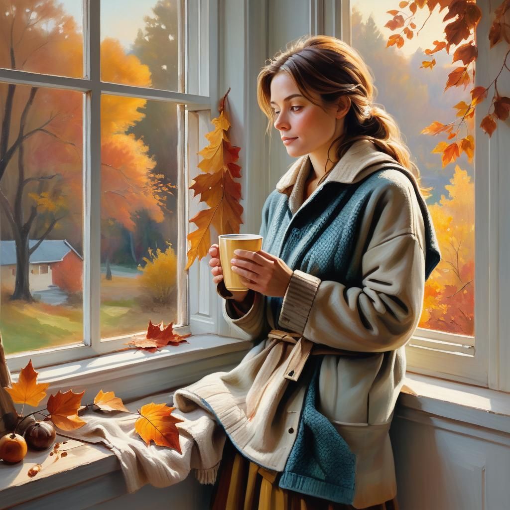 Cozy Woman in Autumn Landscape Oil Painting