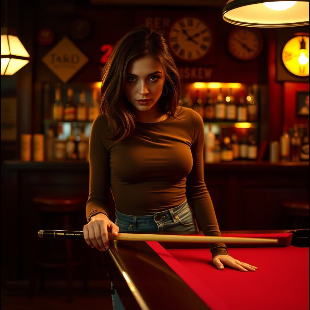 Cinematic Portrait of Woman Playing Pool in Classic Pub