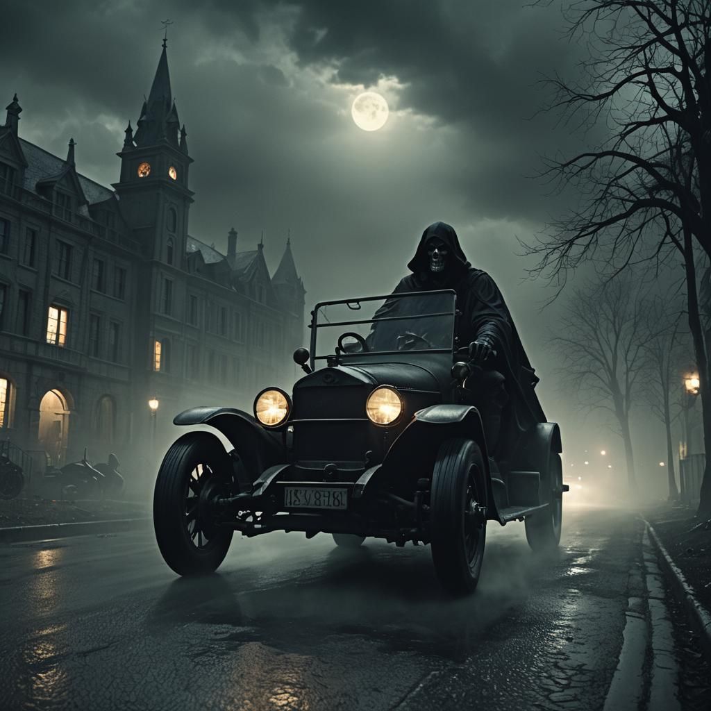 Hellish Reaper's Ominous Drive in Gothic Horror Style