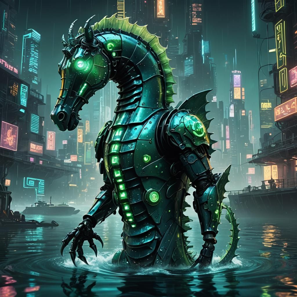 Cyberpunk Seahorse in Underwater City