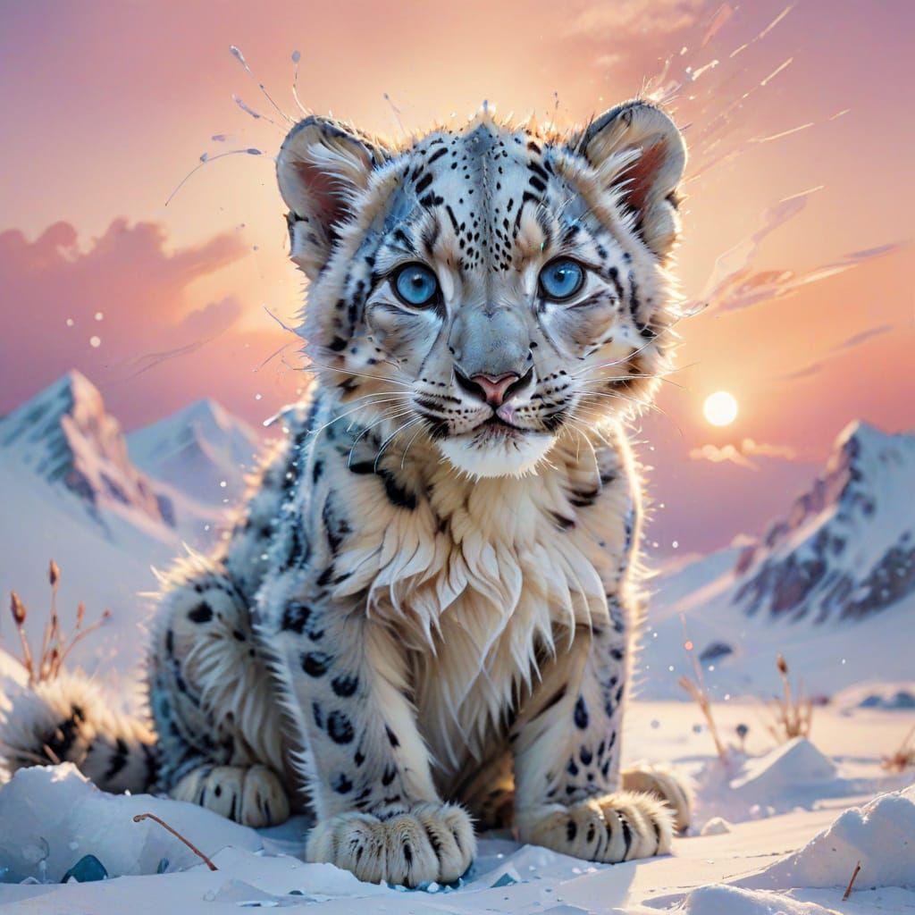 Snow Leopard Cub on Snowdrift in Digital Painting Style
