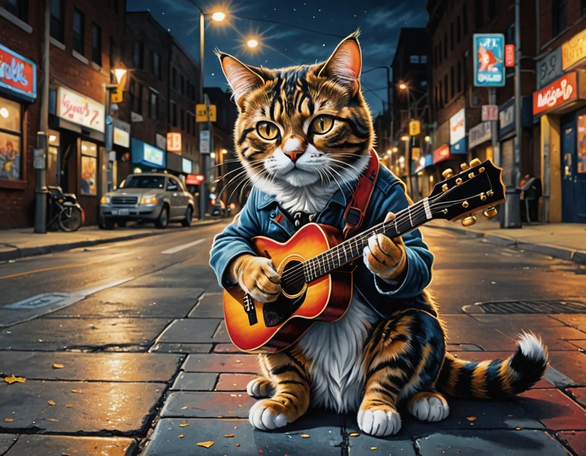 Calico Cat Plays Guitar in Hyperrealistic Airbrush Art