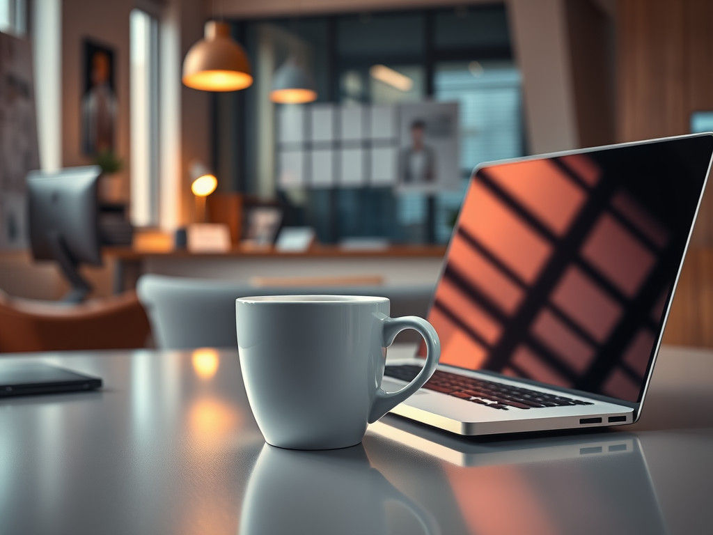 White Coffee Cup and Laptop in Modern Office