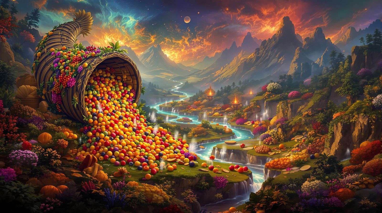 Hyperrealistic Cornucopia of Wonders in a Lush Landscape