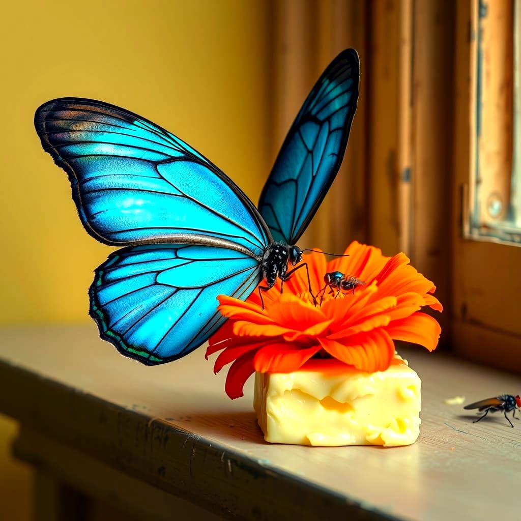 Surreal Still Life with Butterfly and Fly on Window Sill