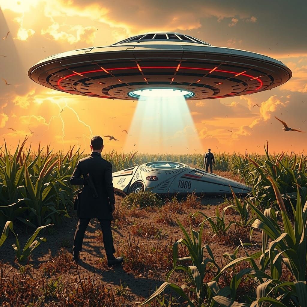 Men in Black Agents Stand Guard Around Crashed UFO in Cornfi...