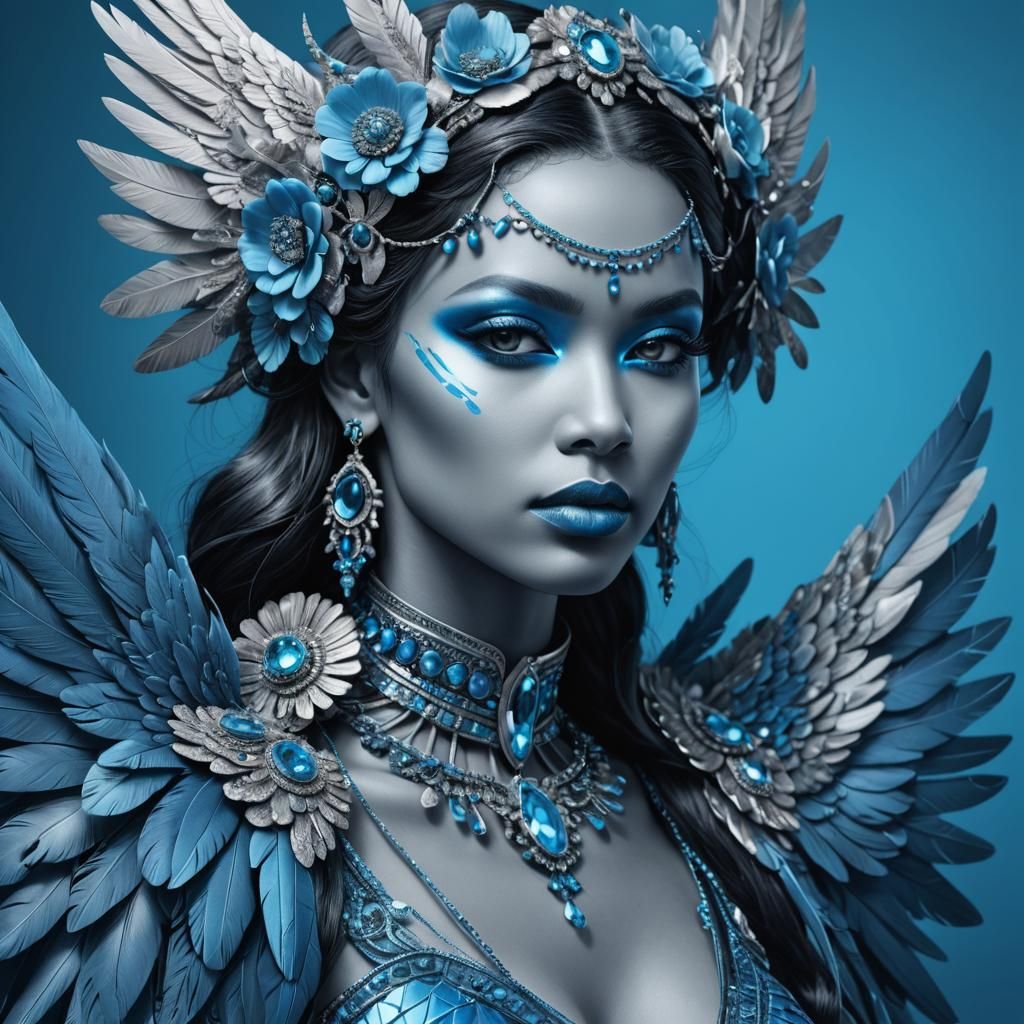 Monochrome cyan  Hyperrealistic portrait of a beautiful blue...