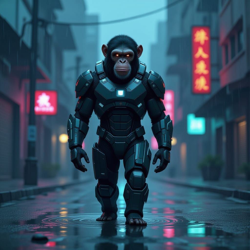 Chimpanzee in Futuristic Suit on Dystopian Street