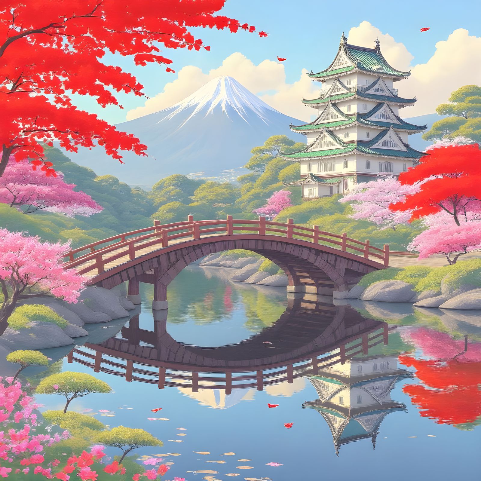 Japanese Castle and Bridge Reflecting Garden Beauty