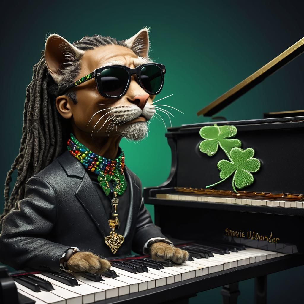 Stevie Wonder Caricature with Cat on Piano