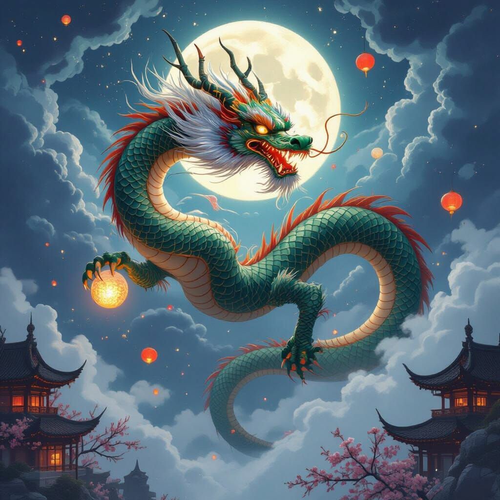 Chinese Dragon Soaring Through Celestial Sky