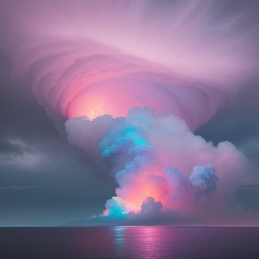 Pink Cotton Candy Cloud Rains into Dark Ocean