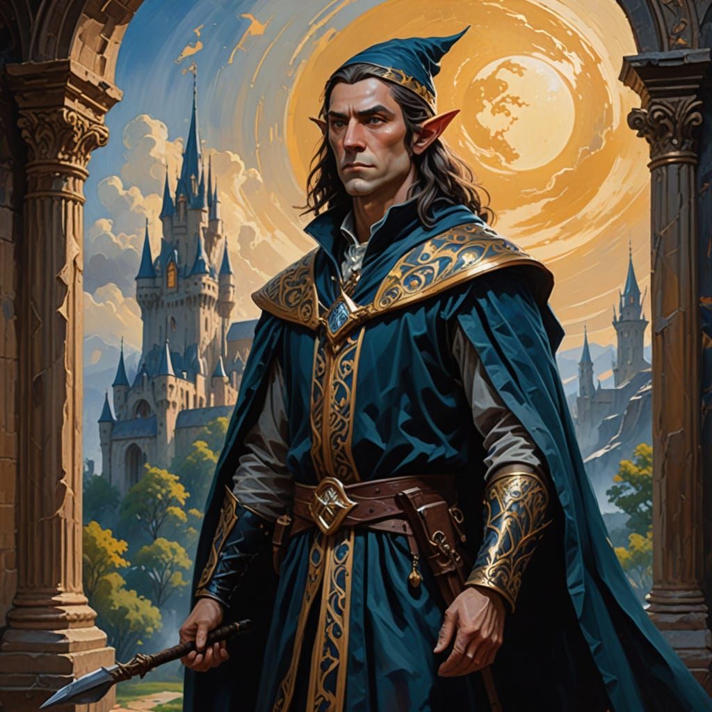 Impasto Gouache Painting of a Melancholy Half-Elf Wizard