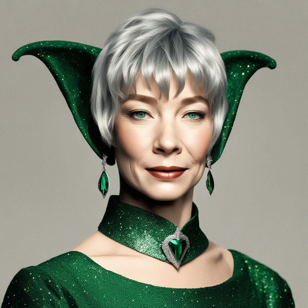 Elven Woman Portrait with Silver Hair and Emerald Eyes