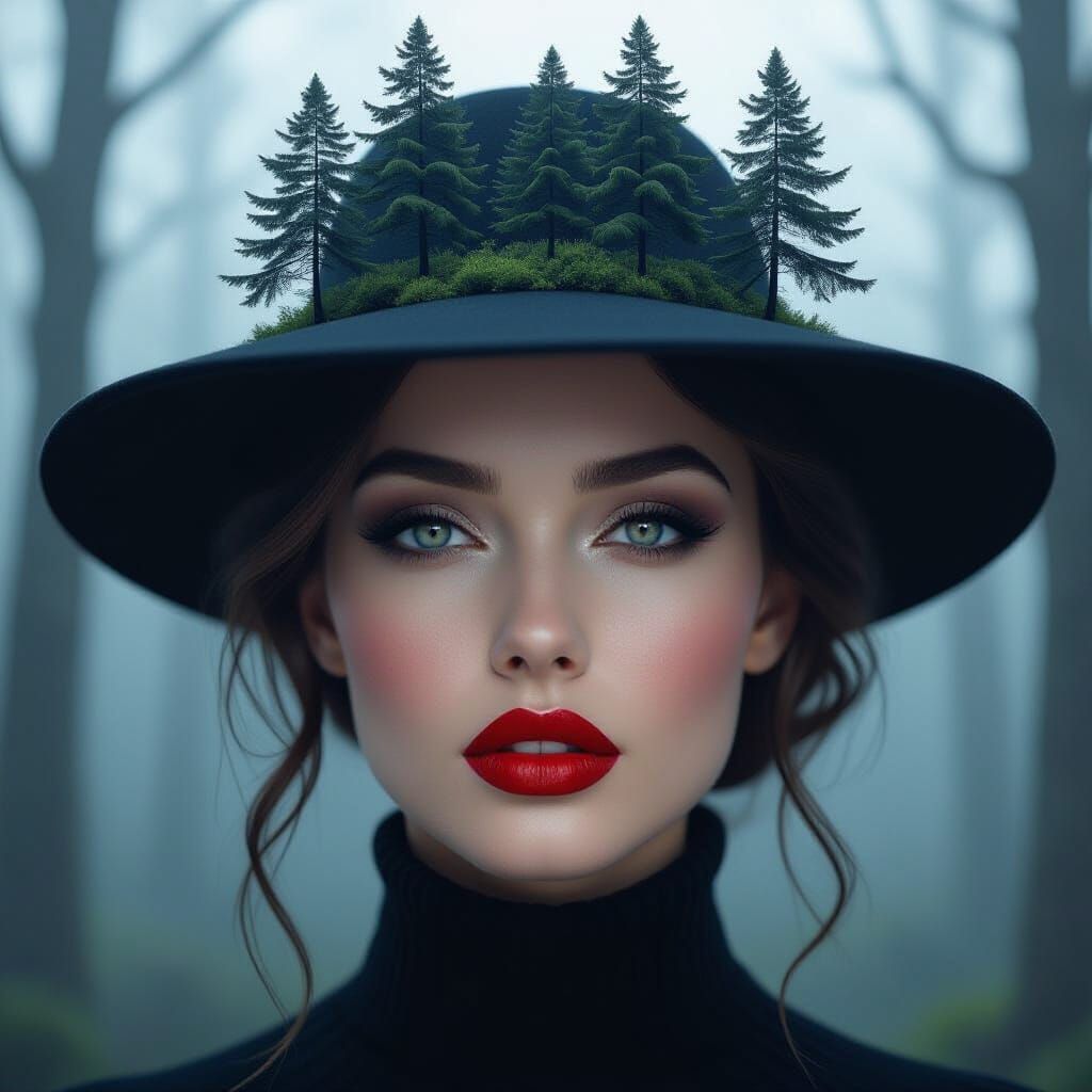 Woman with Forest Hat in Surreal Fantasy Style