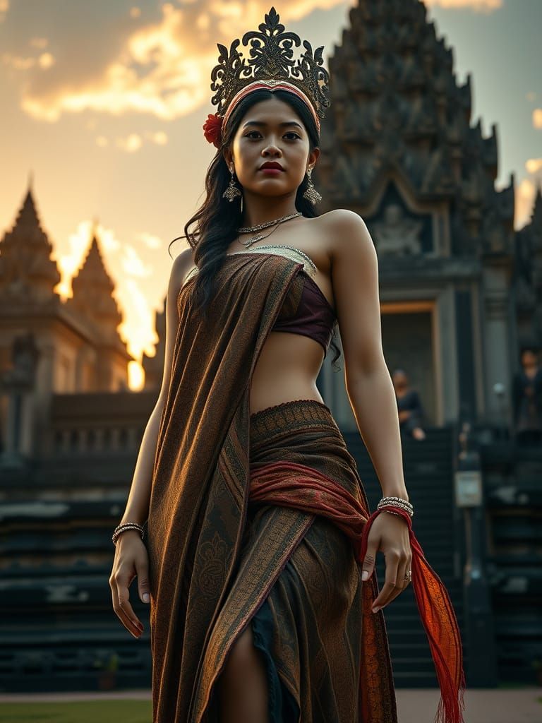 Elegant Indonesian Goddess Before Ancient Temples