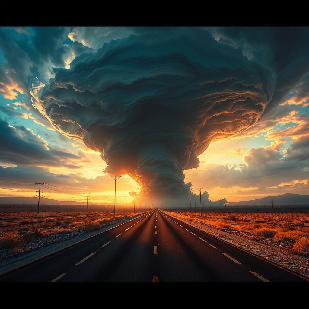 Daybreak Tornado Sweeping Deserted Highway: Atmospheric Matt...