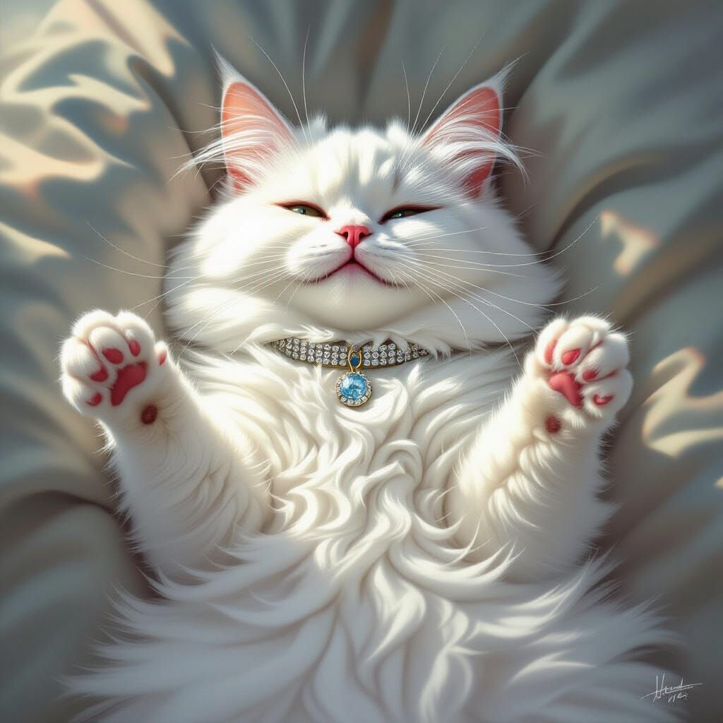 Fluffy White Cat with Mischievous Smile as Digital Painting