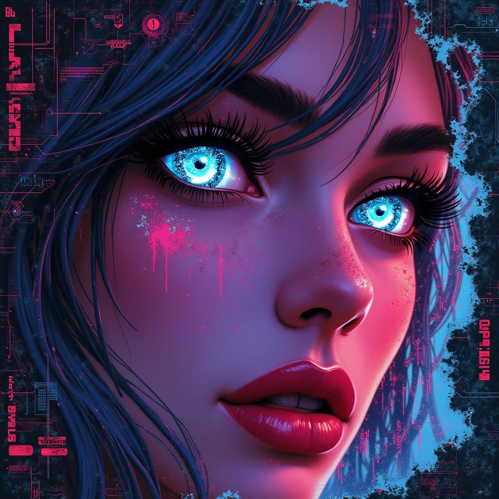 Cyberpunk Woman's Face Through Glitch Screen