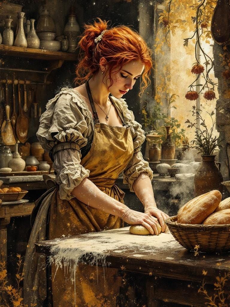 Redhead Baker with Dough: Metallic Botanical Art Nouveau