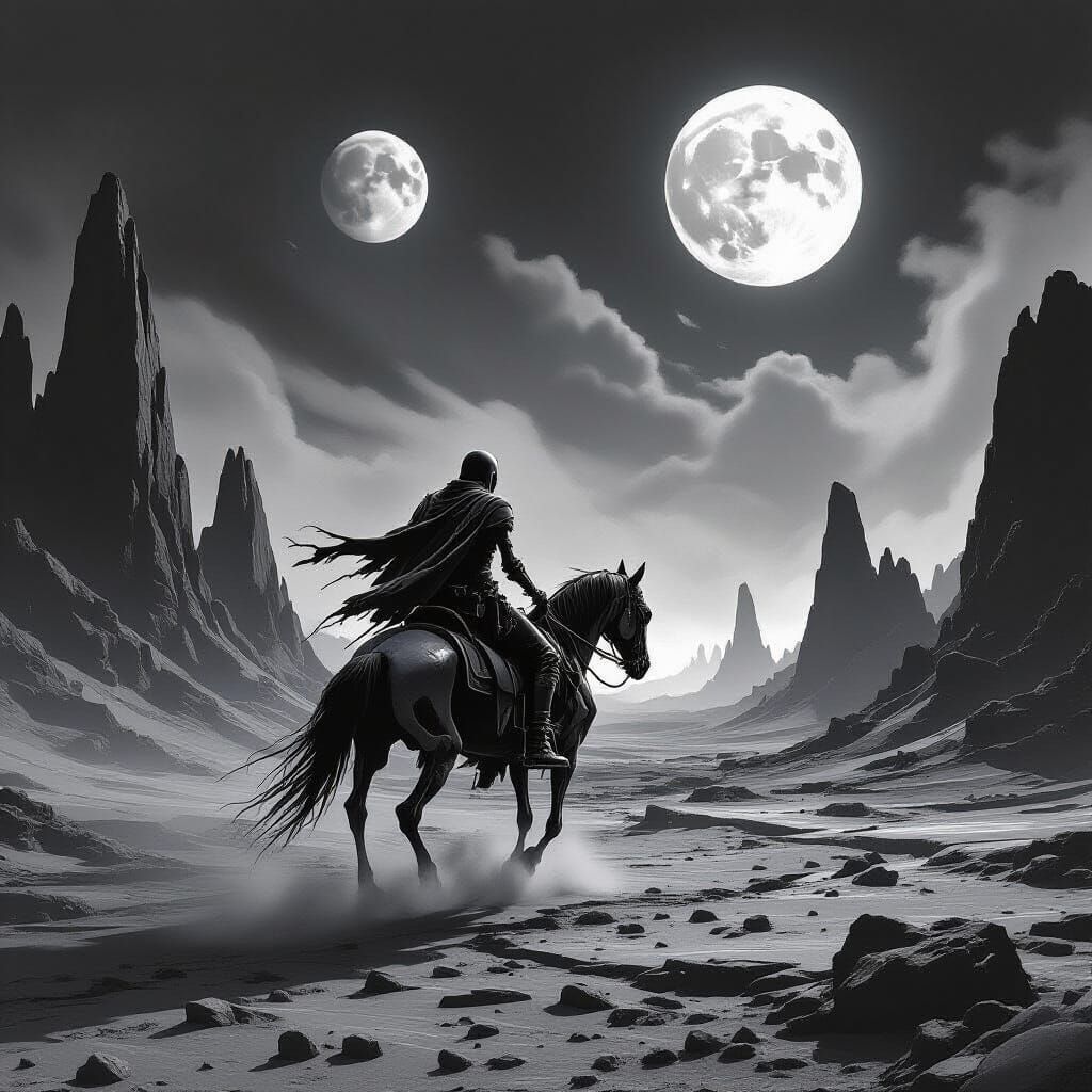 Skeletal Horseman on Alien Planet Under Twin Moons