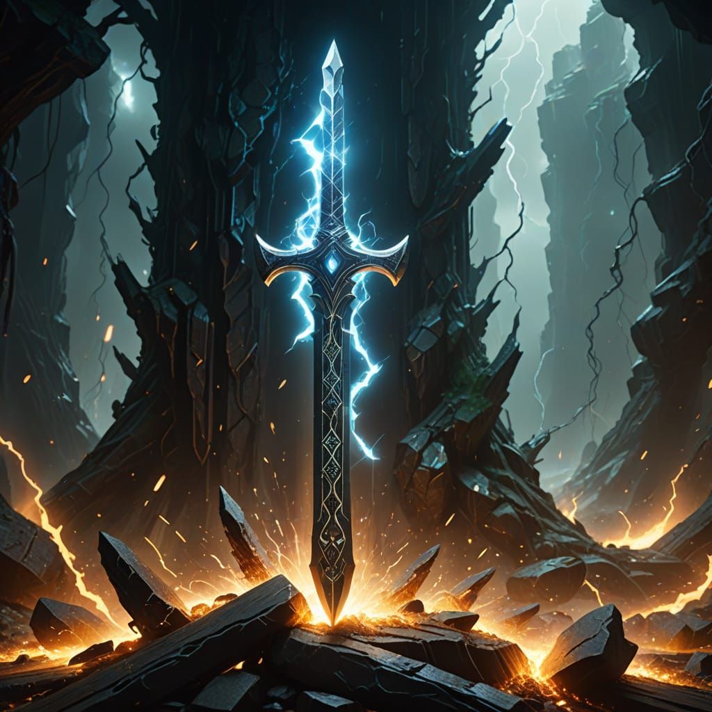 Ethereal Mythical Sword Glows with Elemental Power in Void