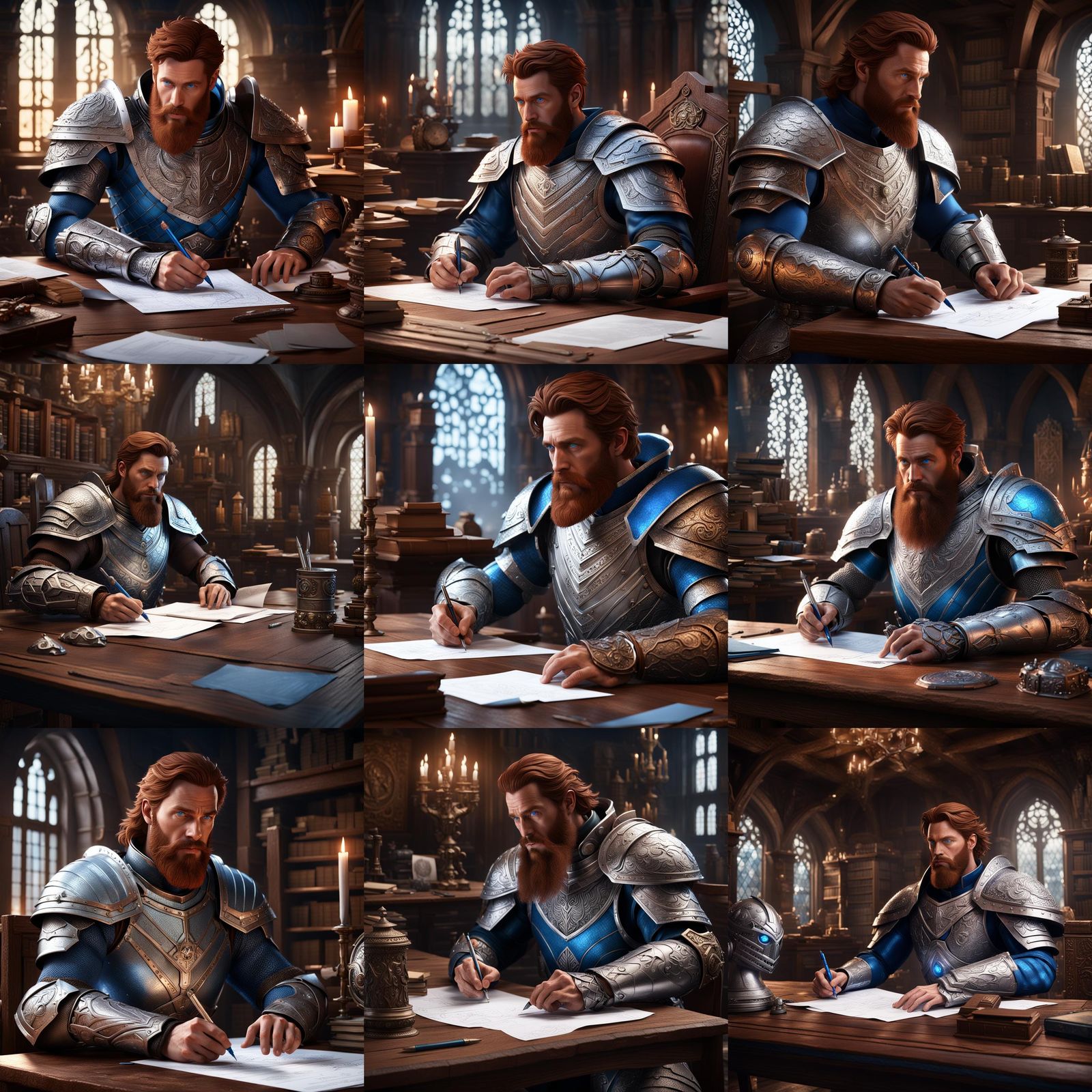 Armored Man Completes Paperwork in Study