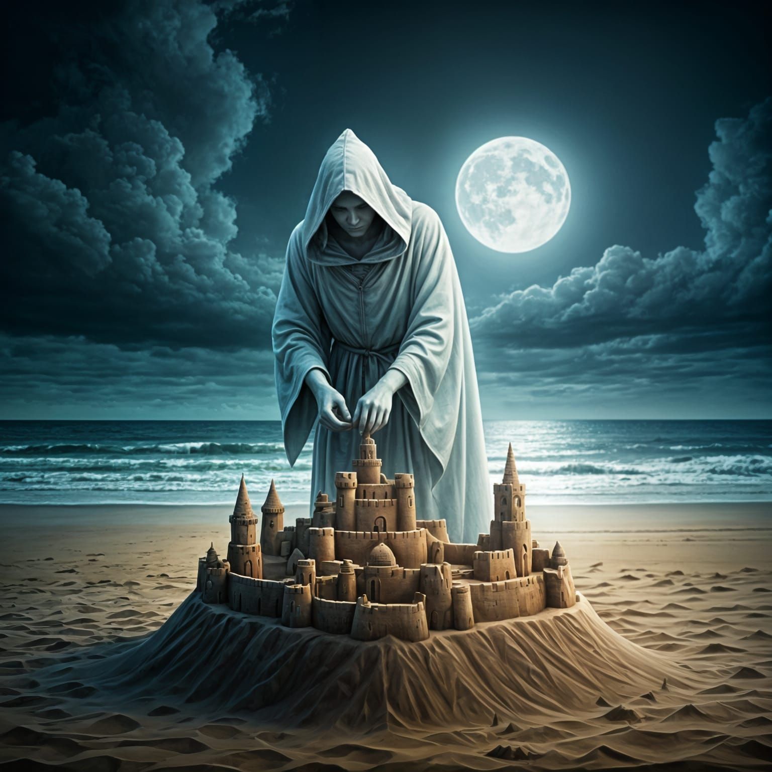 Surreal Nighttime Cityscape with a Haunting Sandcastle