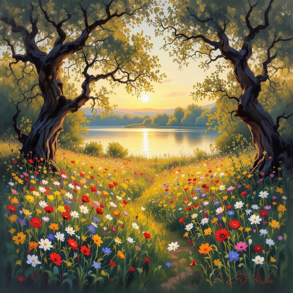 Impressionistic Wildflower Field at Golden Hour