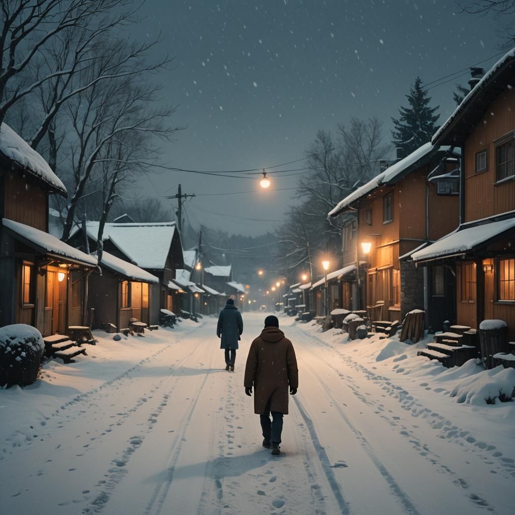 Satoshi in Snowy Village at Dusk