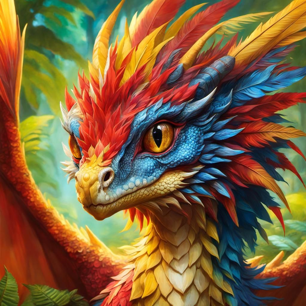 Vibrant Feathered Dragon Portrait in Anime Style