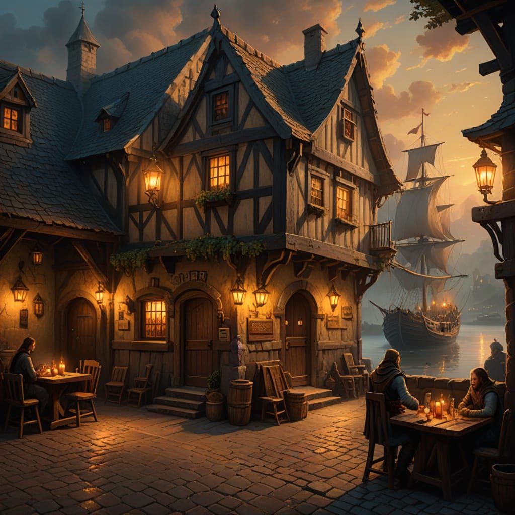 Medieval Tavern by Misty Harbor at Golden Hour