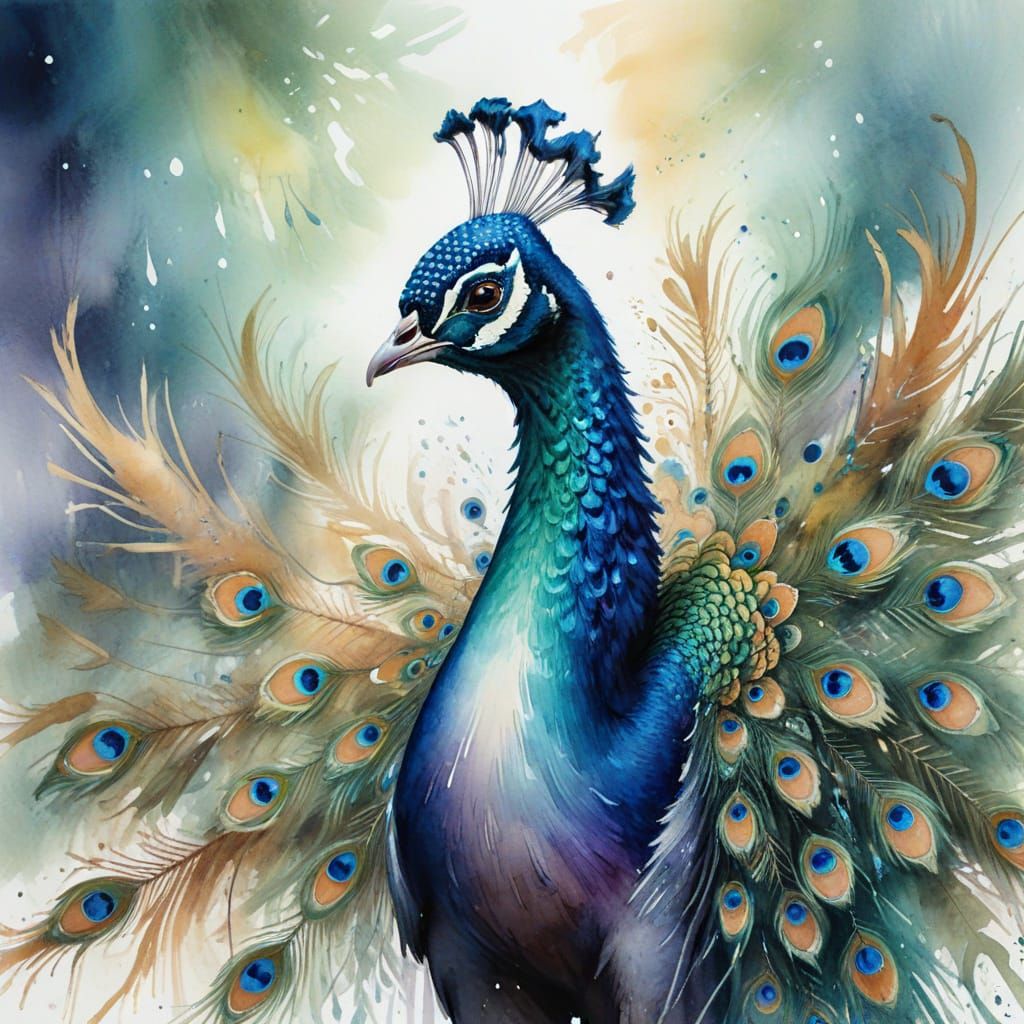 Peacock Unfurling Wings in Watercolor Style