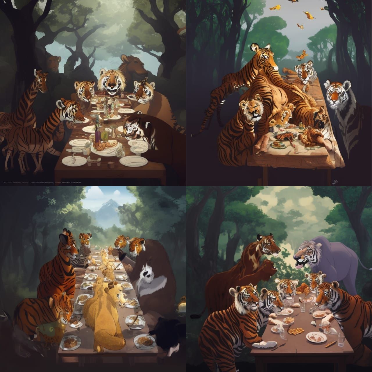 Wild Animals Feast: Ghibli-Inspired Illustration