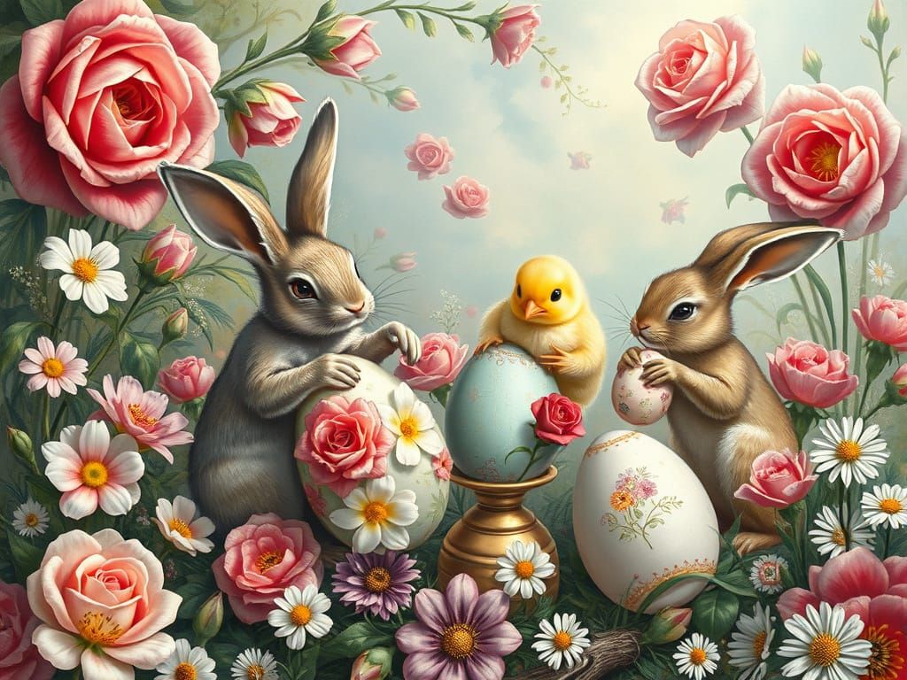 Whimsical Easter Bunnies Decorating Eggs in Fantasy Landscap...