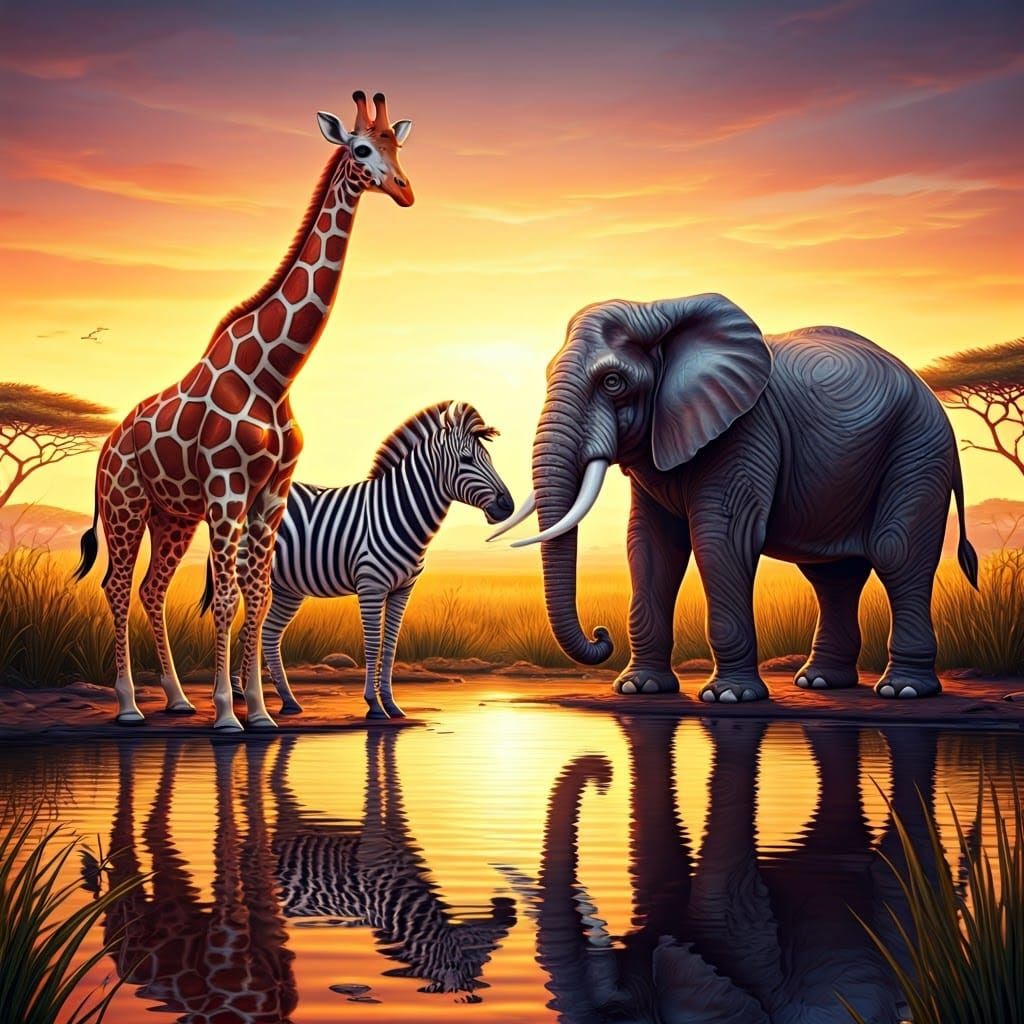 Enameled Glass African Animals at Sunset
