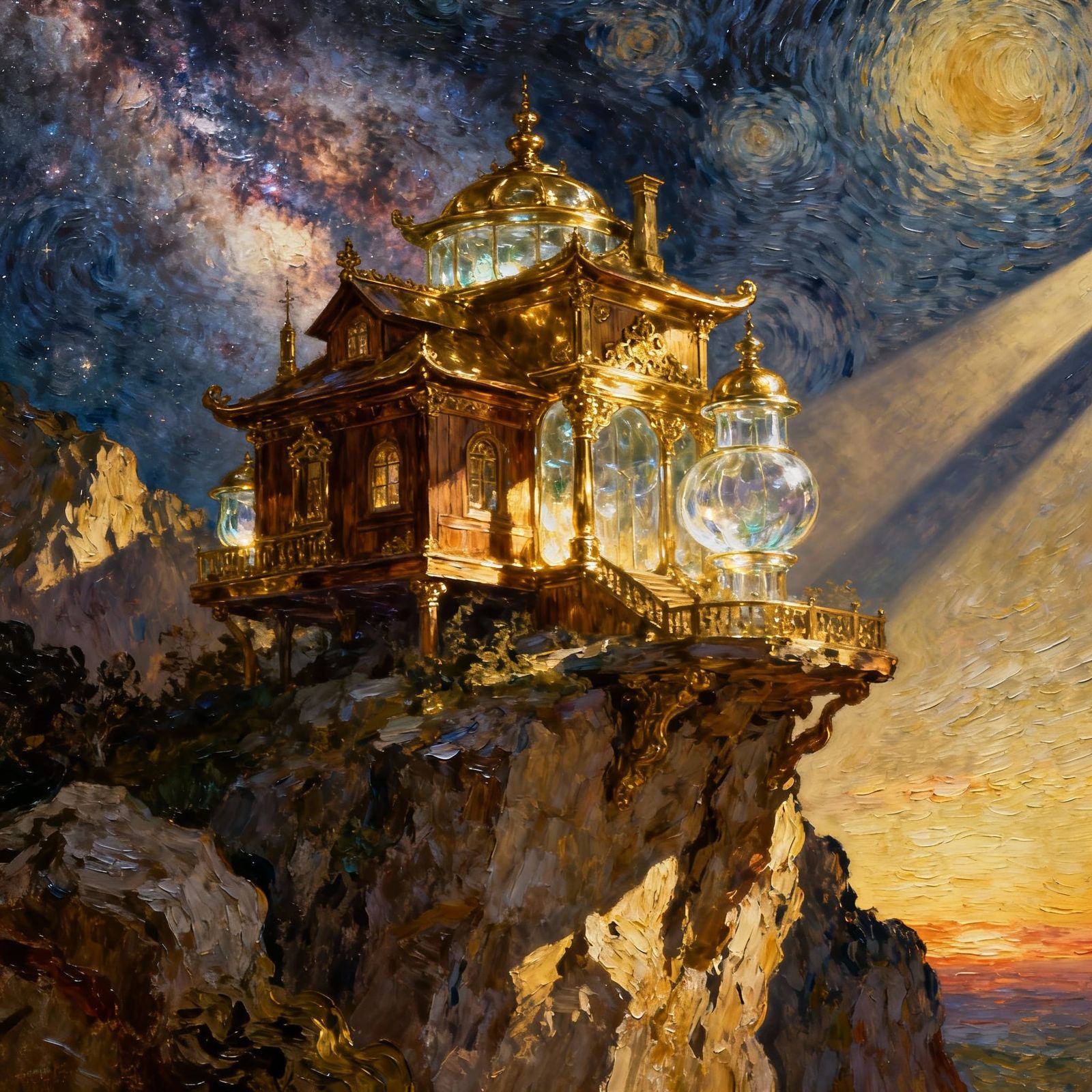 Ornate Brass House on Cliff in Nebula, Impasto Style